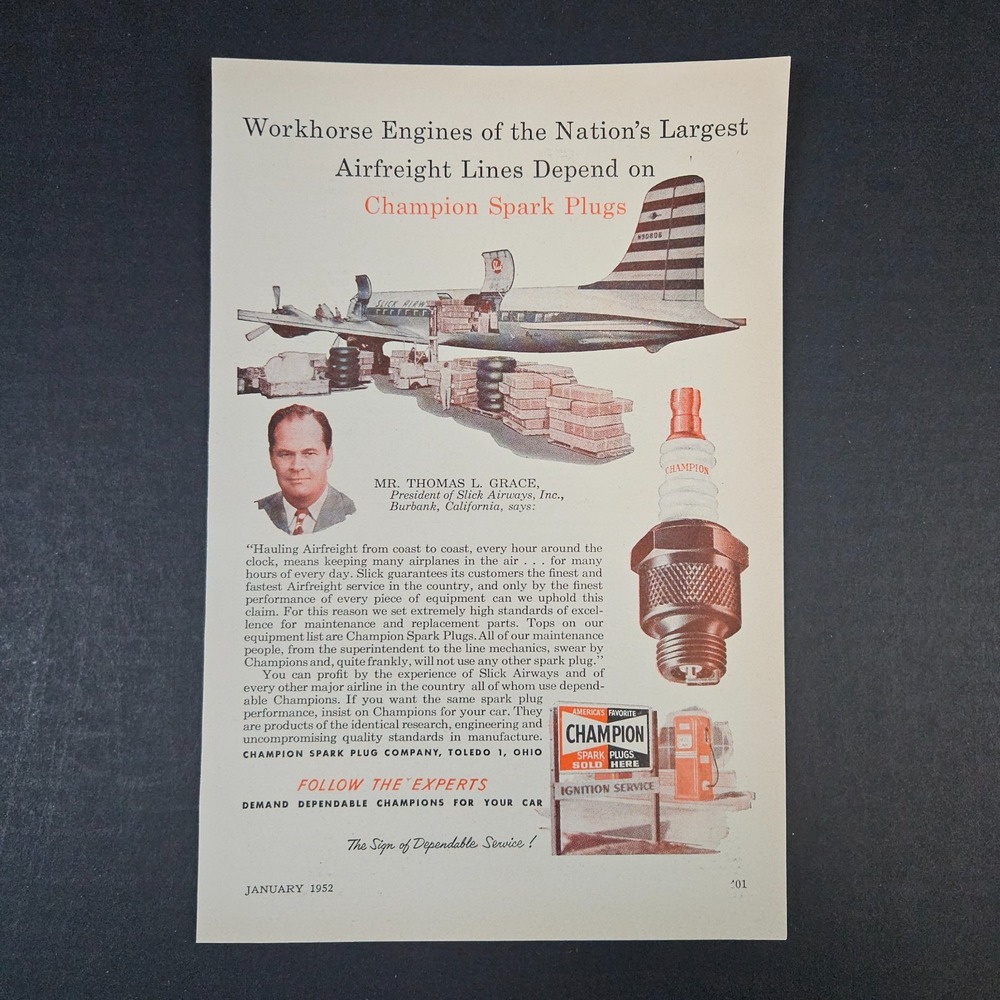 1952 Champion Spark Plugs Thomas Grace Slick Airways Inc Vintage Print Ad Toledo